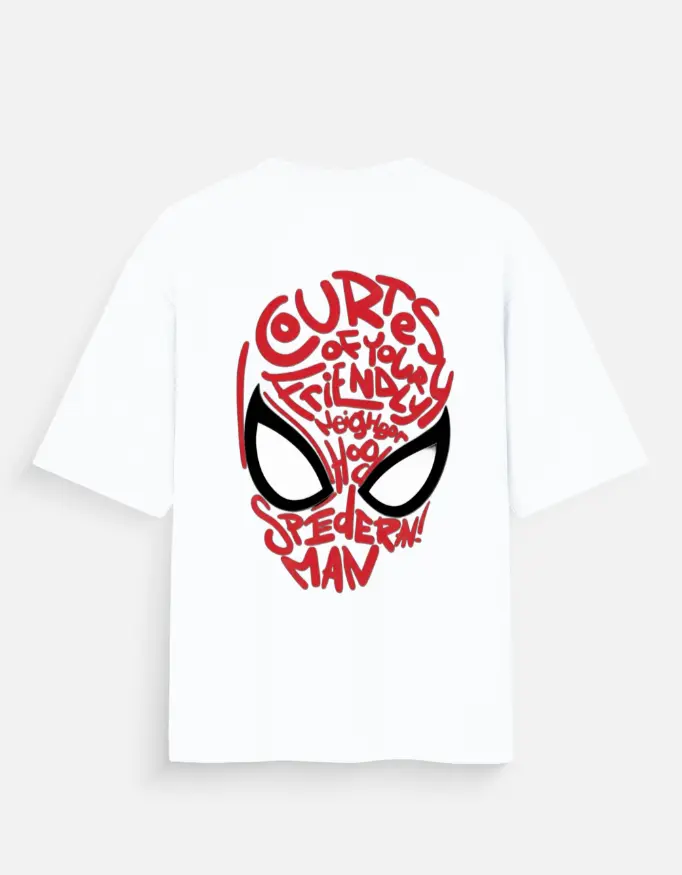 “Spider Mask Typography Graphic T-Shirt | Oversized White Tee for Men & Women | Trendy Streetwear Back Print”