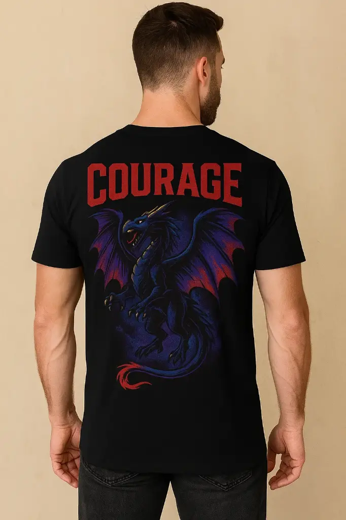 “Courage Dragon Graphic T-Shirt | Premium Black Fantasy Streetwear Tee | Bold Oversized Back Print for Men & Women”