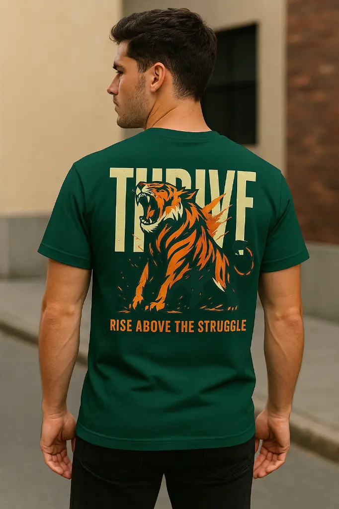 “Men’s Oversized Tiger Graphic T-Shirt | Thrive Print | Forest Green Streetwear Tee | Premium Cotton | Rise Above The Struggle”