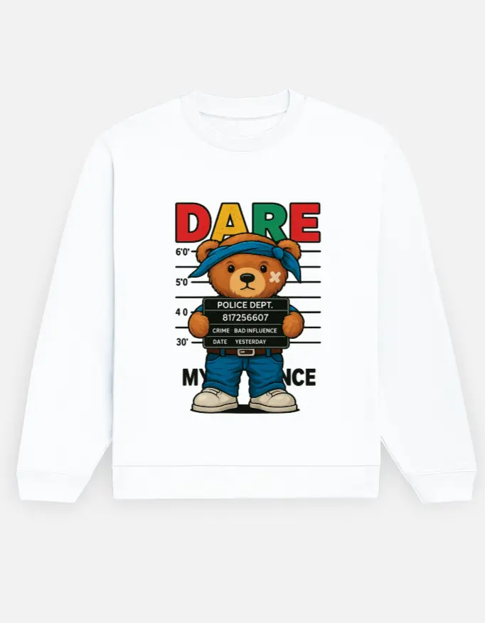 DARE Bear Oversized Black Sweatshirt | Mugshot Cartoon Streetwear | Trendy Graphic Unisex Winter Wear (black, M)