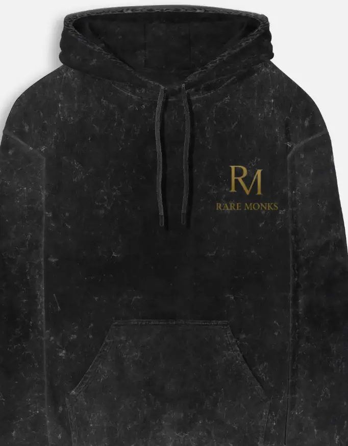 Rare Monks Acid Wash Black Hoodie | Luxury Minimal Streetwear | RM Gold Logo | Unisex Winter Hoodie