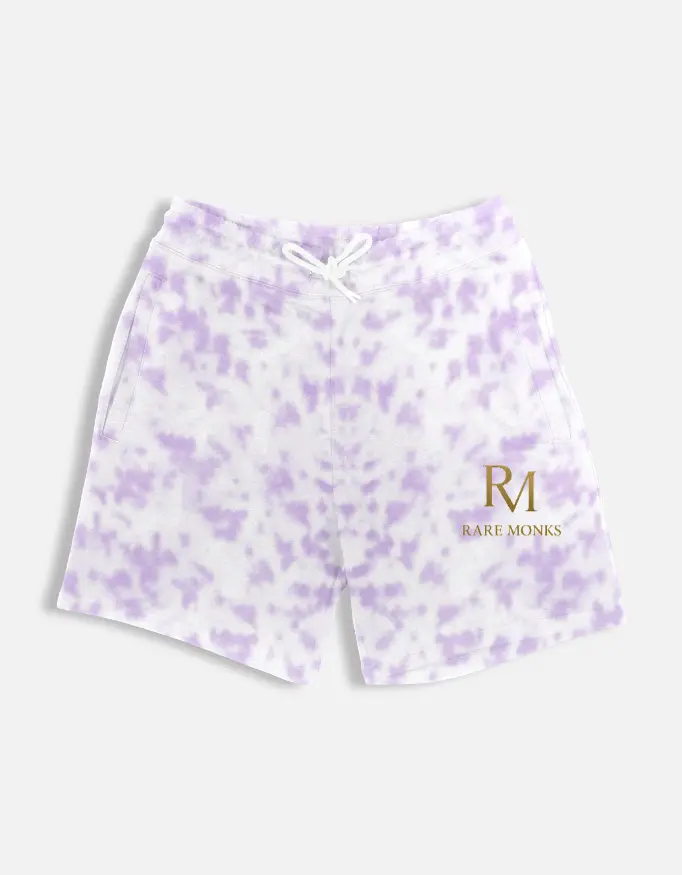 Rare Monks Lavender Tie-Dye Shorts | Luxury Streetwear Summer Shorts | RM Gold Logo | Unisex Comfort Wear (M)