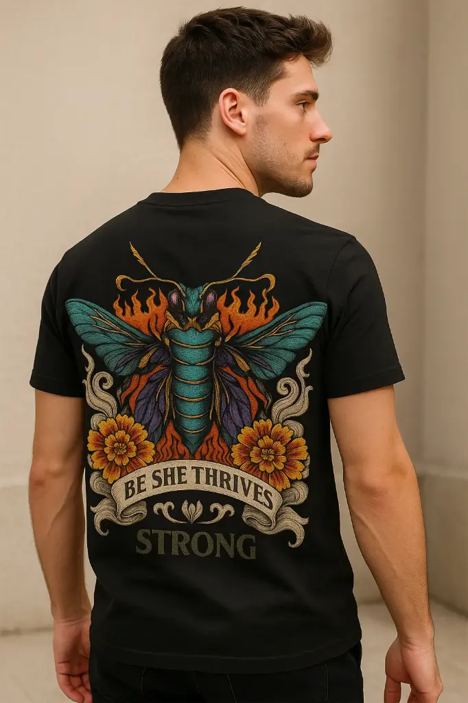 “Be She Thrives Strong Graphic T-Shirt | Premium Black Streetwear Tee for Men & Women | Bold Artistic Back Print”